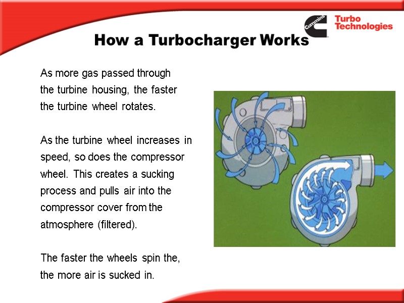 How a Turbocharger Works As more gas passed through the turbine housing, the faster